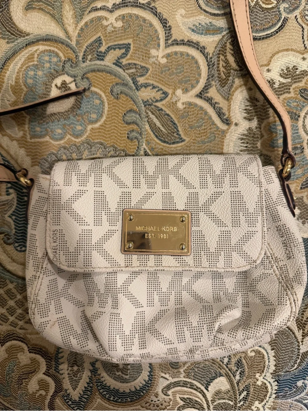 Michael Kors White Monogram Flap Crossbody Purse - Gold Hardware